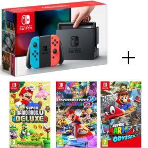Pack Nintendo Switch Néon+New Super Mario Bros U Deluxe+Super Mario Odyssey+Mario Kart 8 Deluxe
